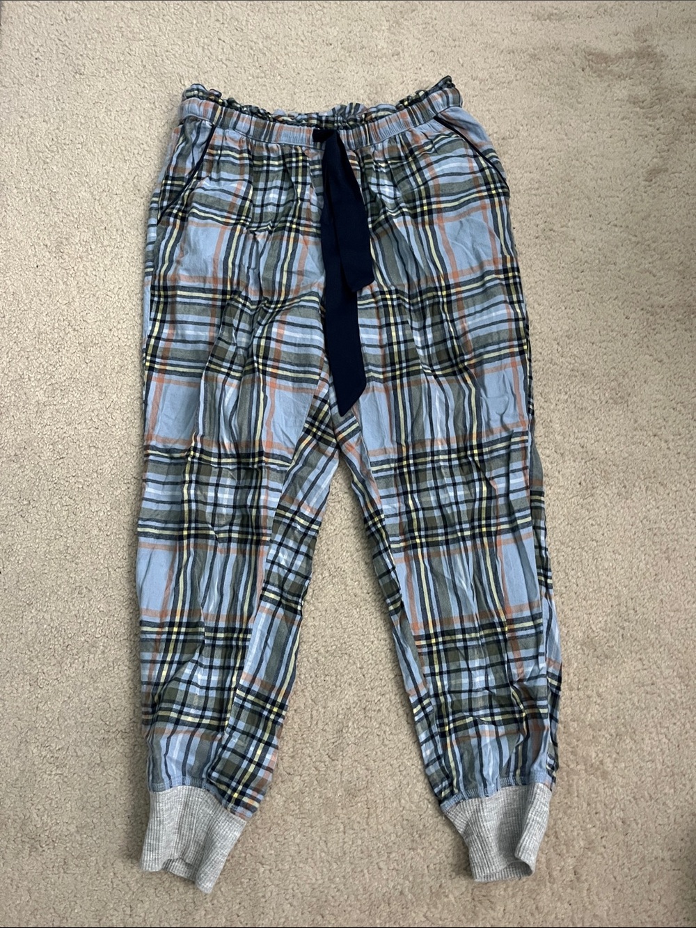aerie Plaid Lounge Pants in Light Blue, Navy, Tan and Yellow